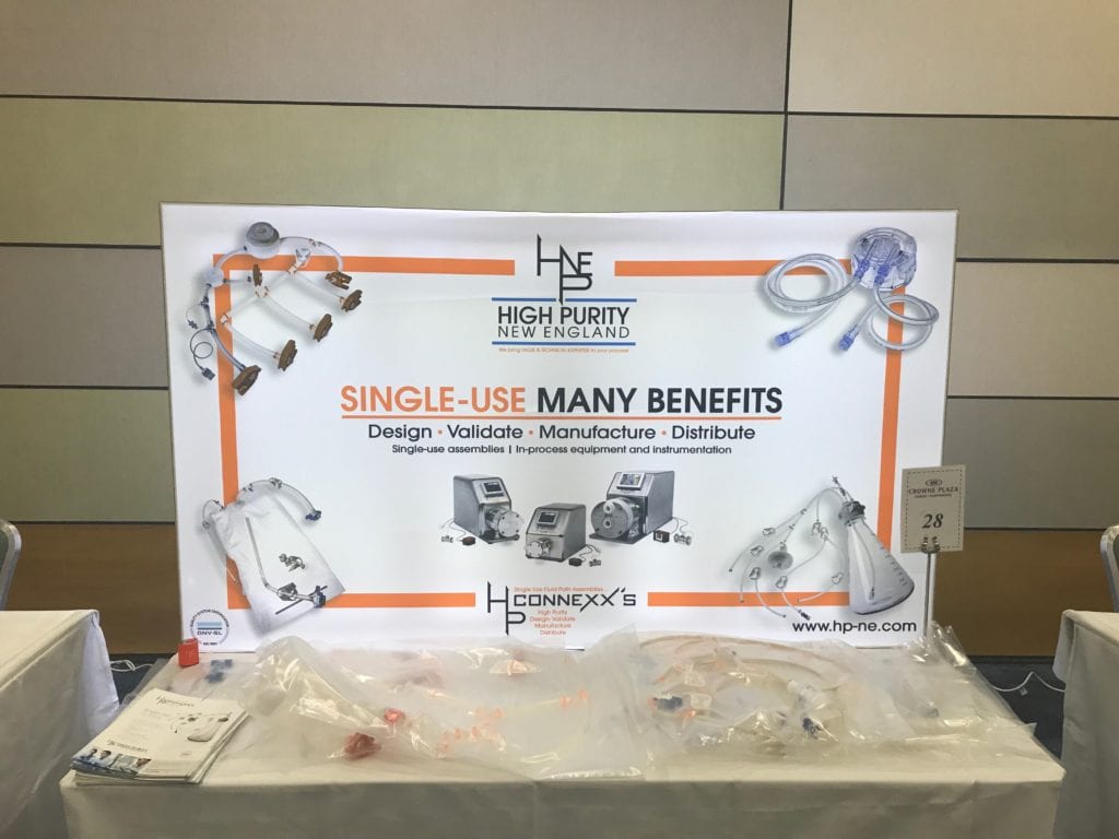 Single-Use Many Benefits. Photo- HPNE Booth set up at ISPE Ireland Europe's Biotechnology Conference