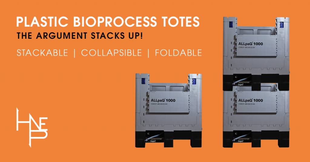 Bioprocess totes for fluid management: Product Review. Photo: Three totes stacked, next to the caption "Plastic Bioprocess Totes. The argument stacks up!"